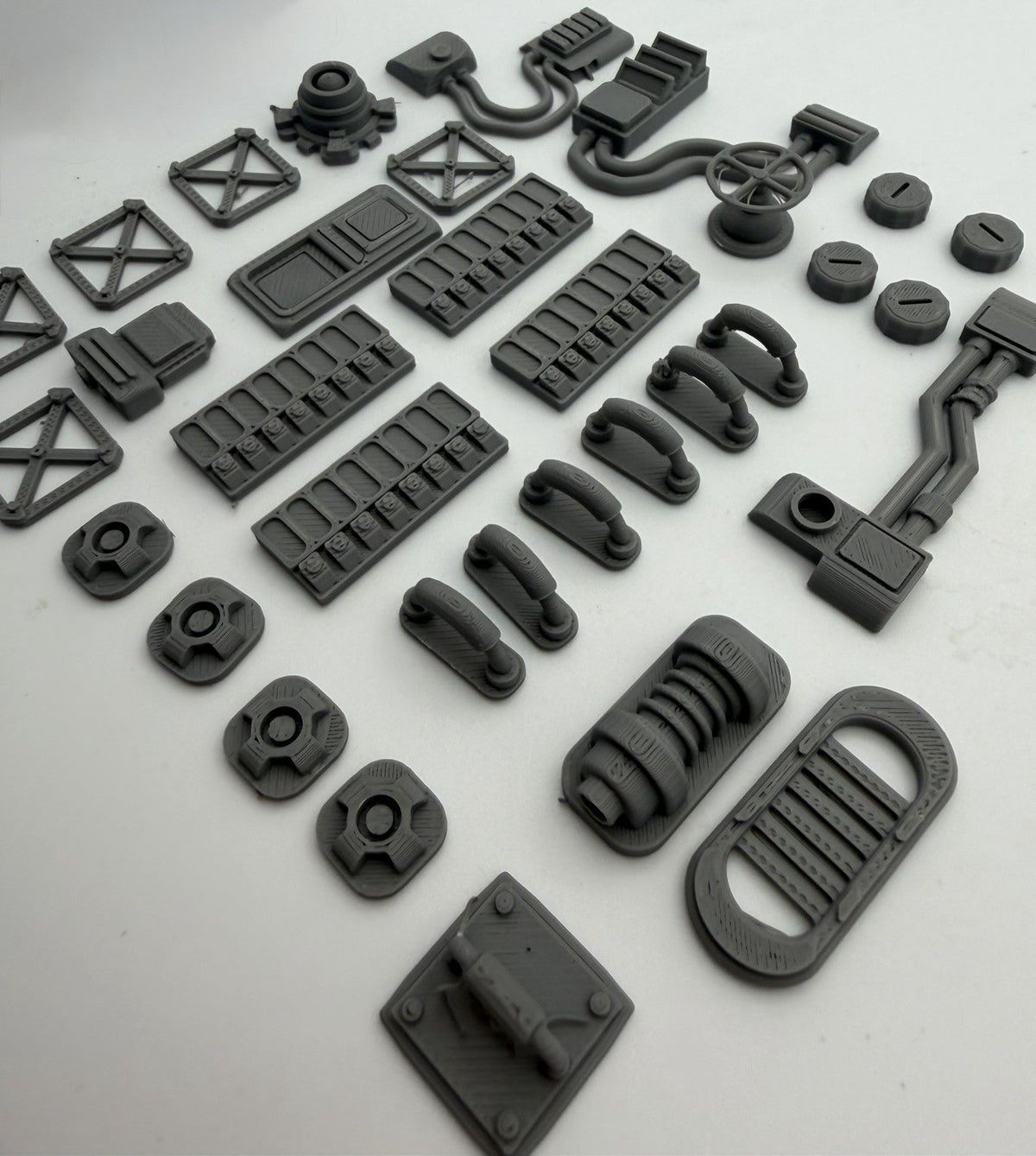 Close view of industrial greeble panels, vents and pipe pieces