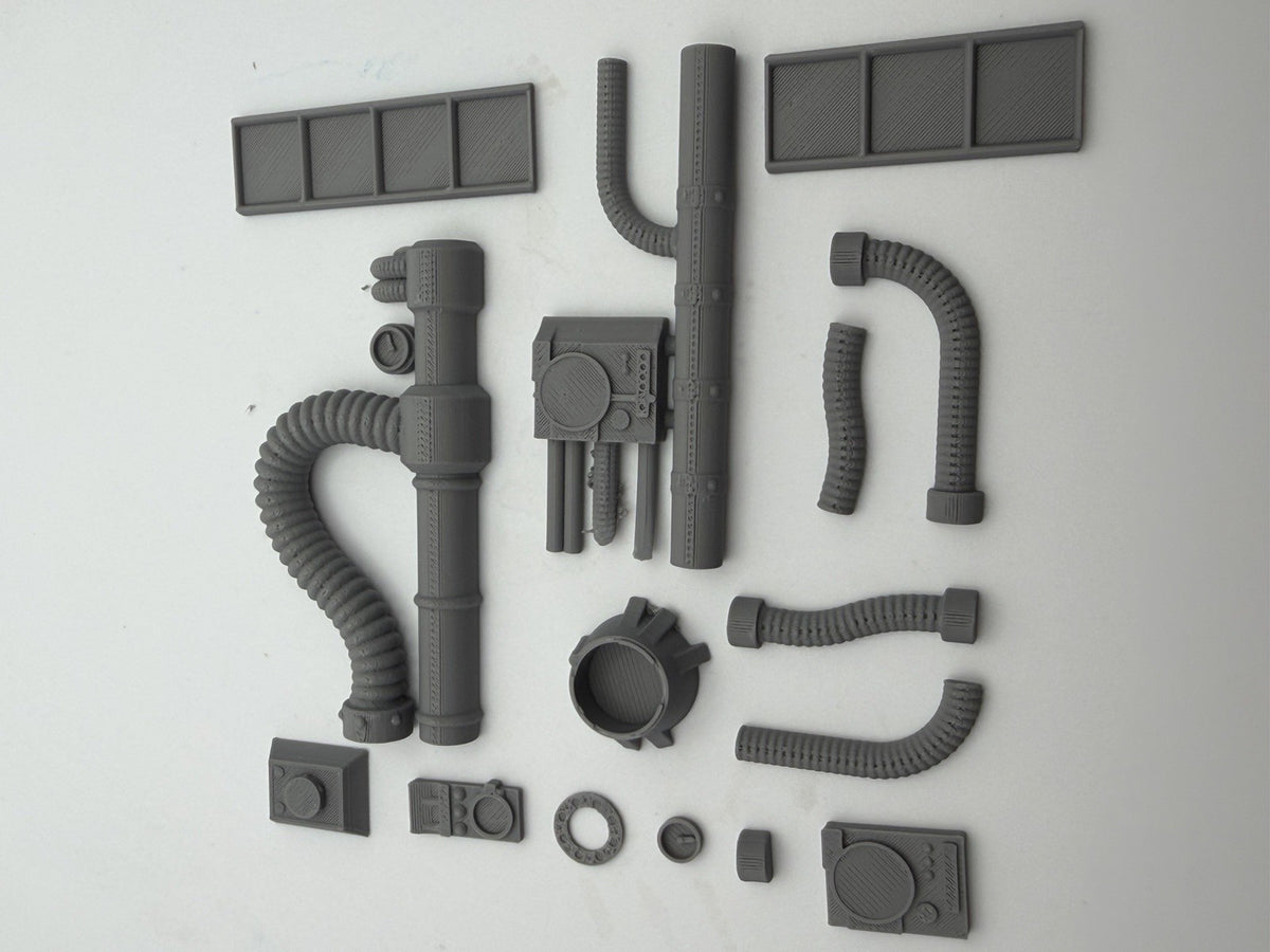 Greebles set 4 pipework and machinery pieces laid out