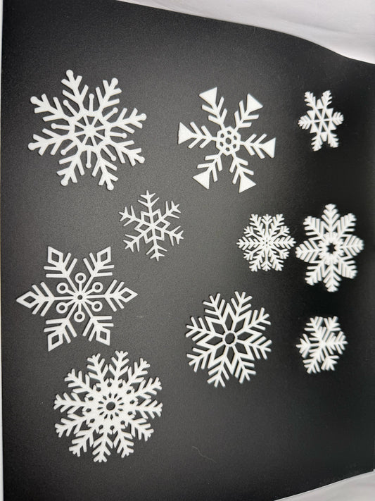 White 3D printed snowflake decorations, mixed designs and sizes