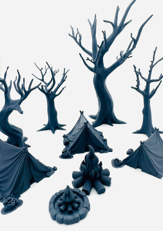 Modular Campsite Encounter Terrain Set – Tents, Trees & Campfires – Tabletop RPG Scenery