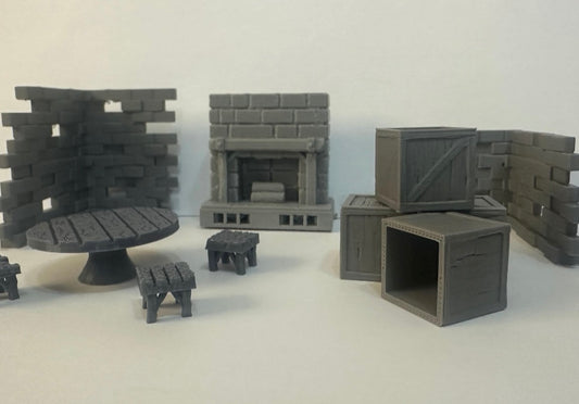 Tavern Scatter Terrain Set – Table, Stools, Fireplace, Crates & Walls (12 Pieces) - UK delivery included.