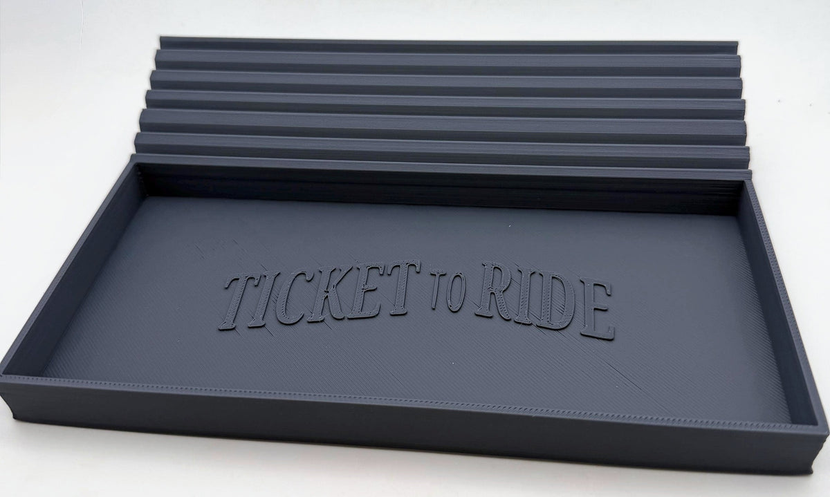 Empty grey open player tray, front view, open train compartment and stepped card channels - compatible with Ticket to Ride