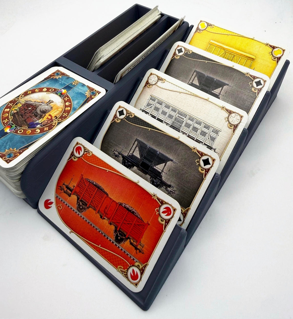 Small card organiser in grey, loaded with cards, side angle - compatible with Ticket to Ride
