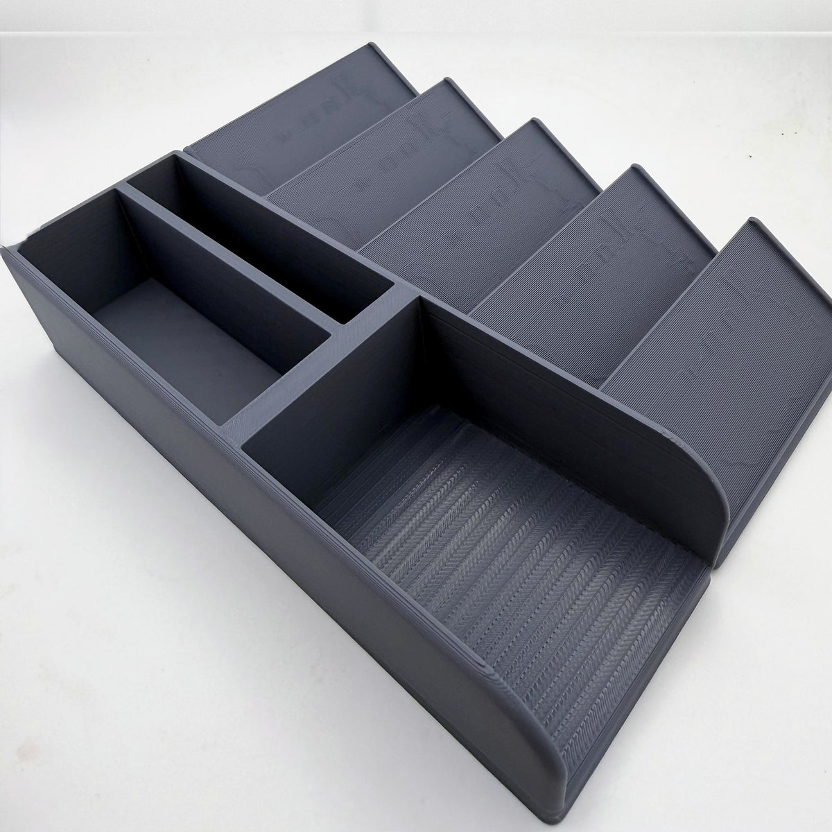 Empty grey card organiser, angled view of the deck well, ticket slots and 5 stepped display slots - compatible with Ticket to Ride