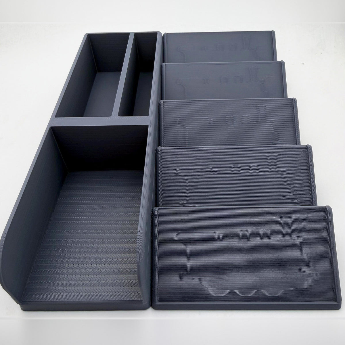 Empty grey card organiser from above, deck well, two ticket slots and 5 display slots - compatible with Ticket to Ride