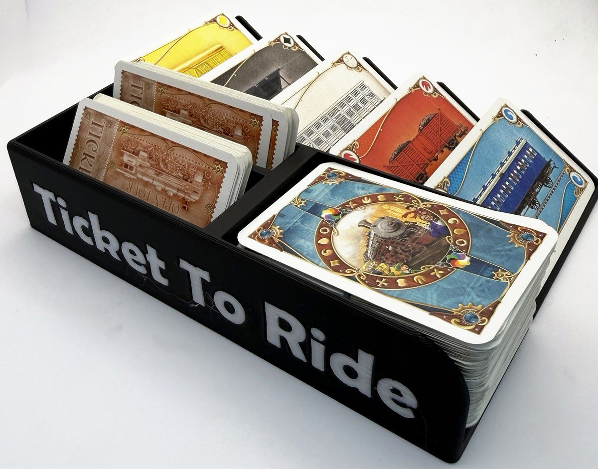 Small card organiser in black, loaded, side view with lettering on the side wall - compatible with Ticket to Ride
