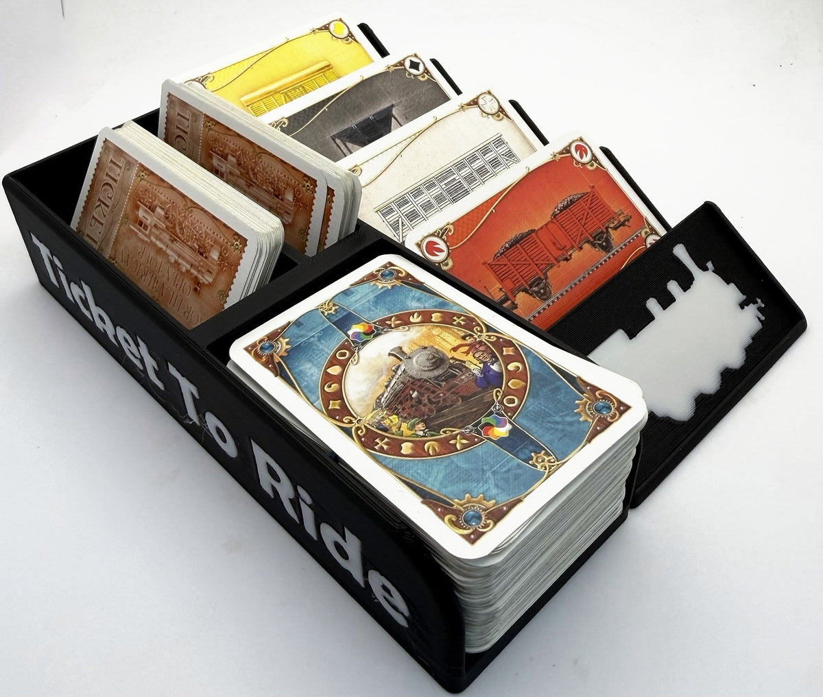Small card organiser in black, loaded, second side view with lettering - compatible with Ticket to Ride