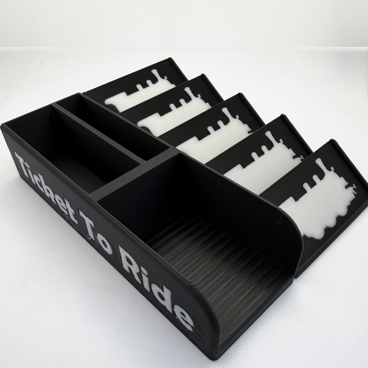 Empty black card organiser with white train silhouettes and side lettering - compatible with Ticket to Ride