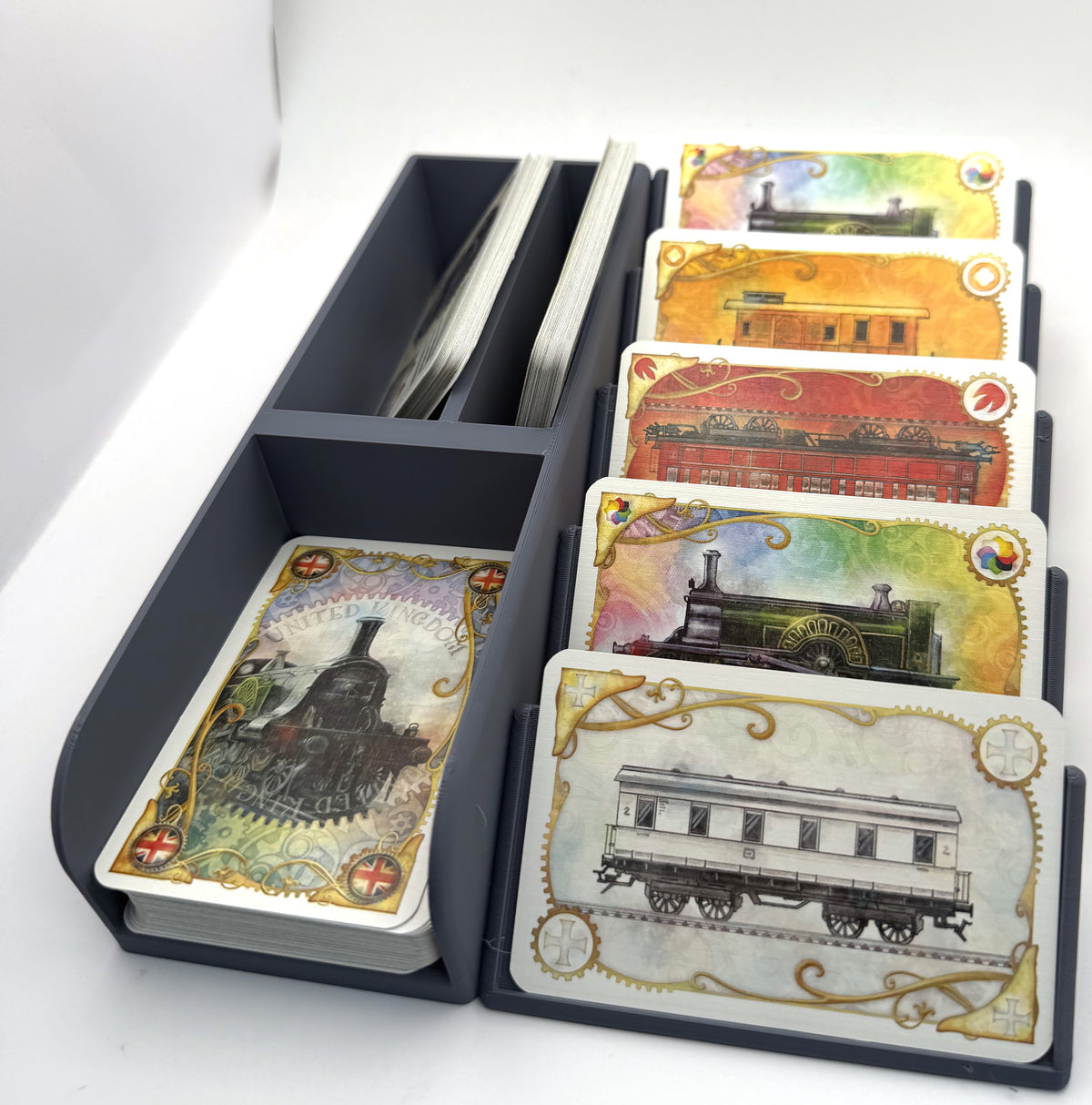 Large card organiser in grey, loaded with large cards, front view - compatible with Ticket to Ride