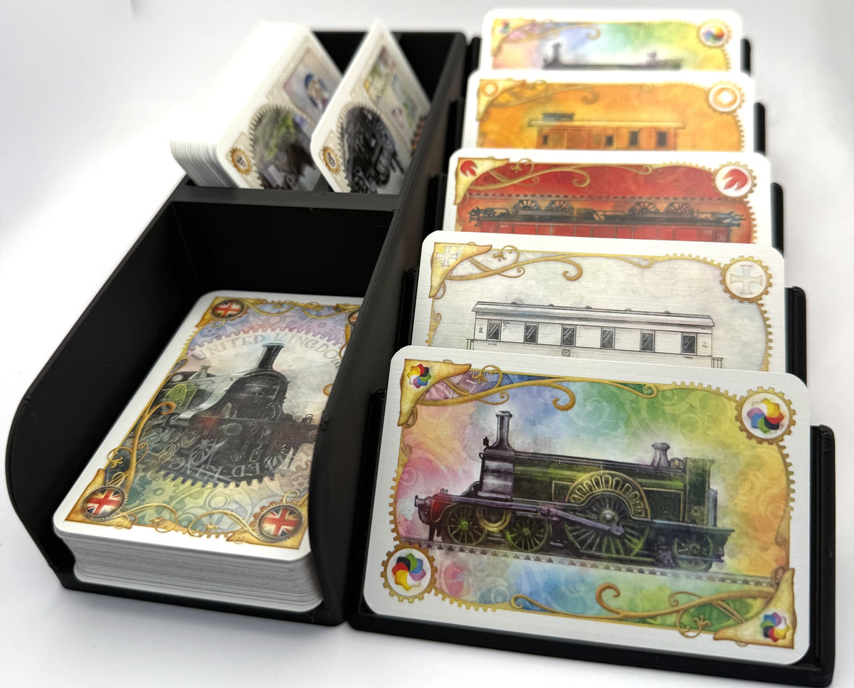 Large card organiser in black, loaded with large cards, front view - compatible with Ticket to Ride
