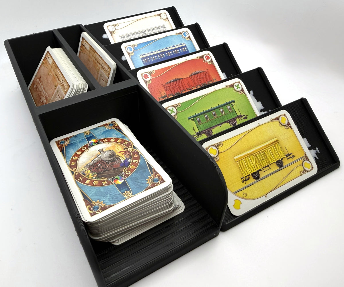 Large card organiser in black, angled view, holding a draw deck, display cards and destination tickets - compatible with Ticket to Ride