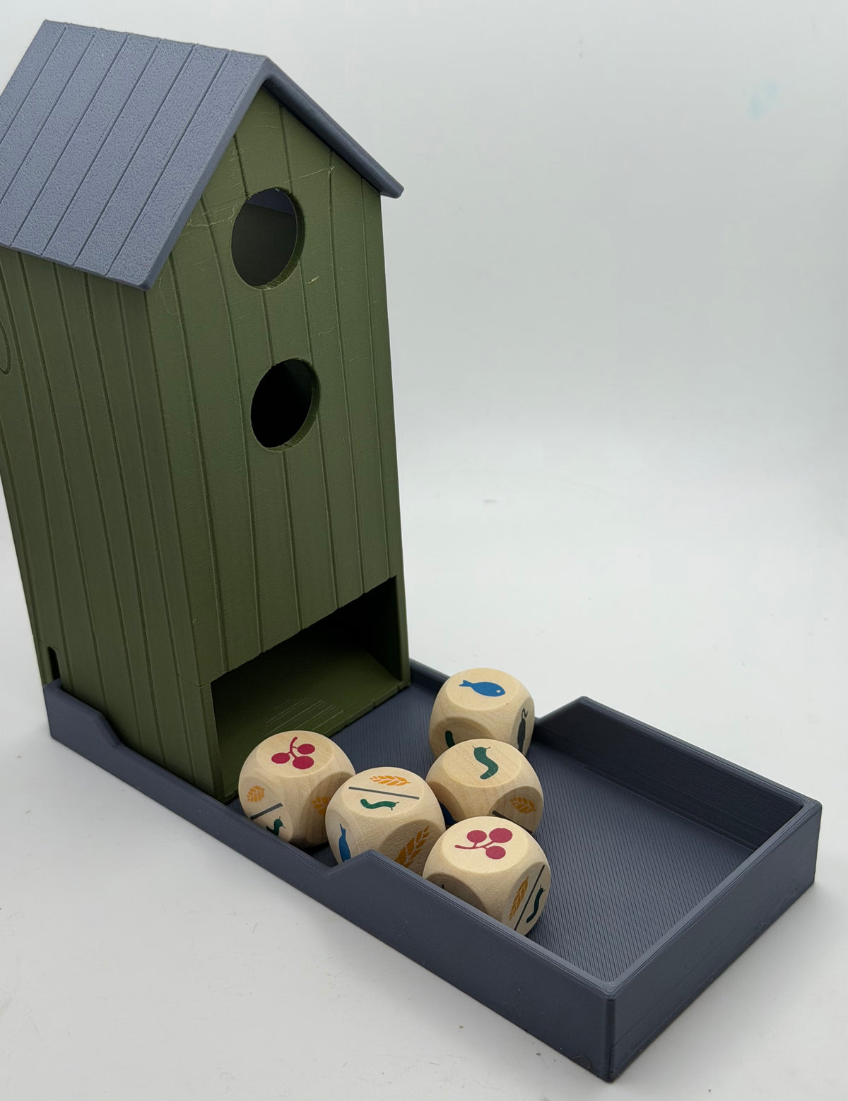 Birdhouse dice tower with integrated dice tray, compatible with Wingspan, 3D printed in PLA+