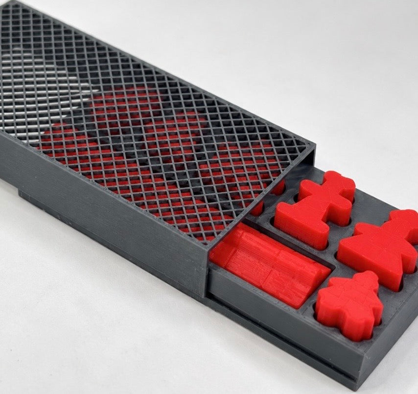 Grey meeple / player organiser tray with mesh lid; game pieces shown for illustration only, not included