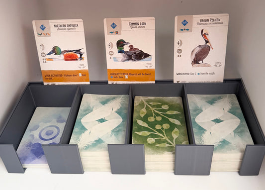 Central communal card bank compatible with Wingspan, holding the shared card decks with face-up bird cards displayed, 3D printed in PLA+