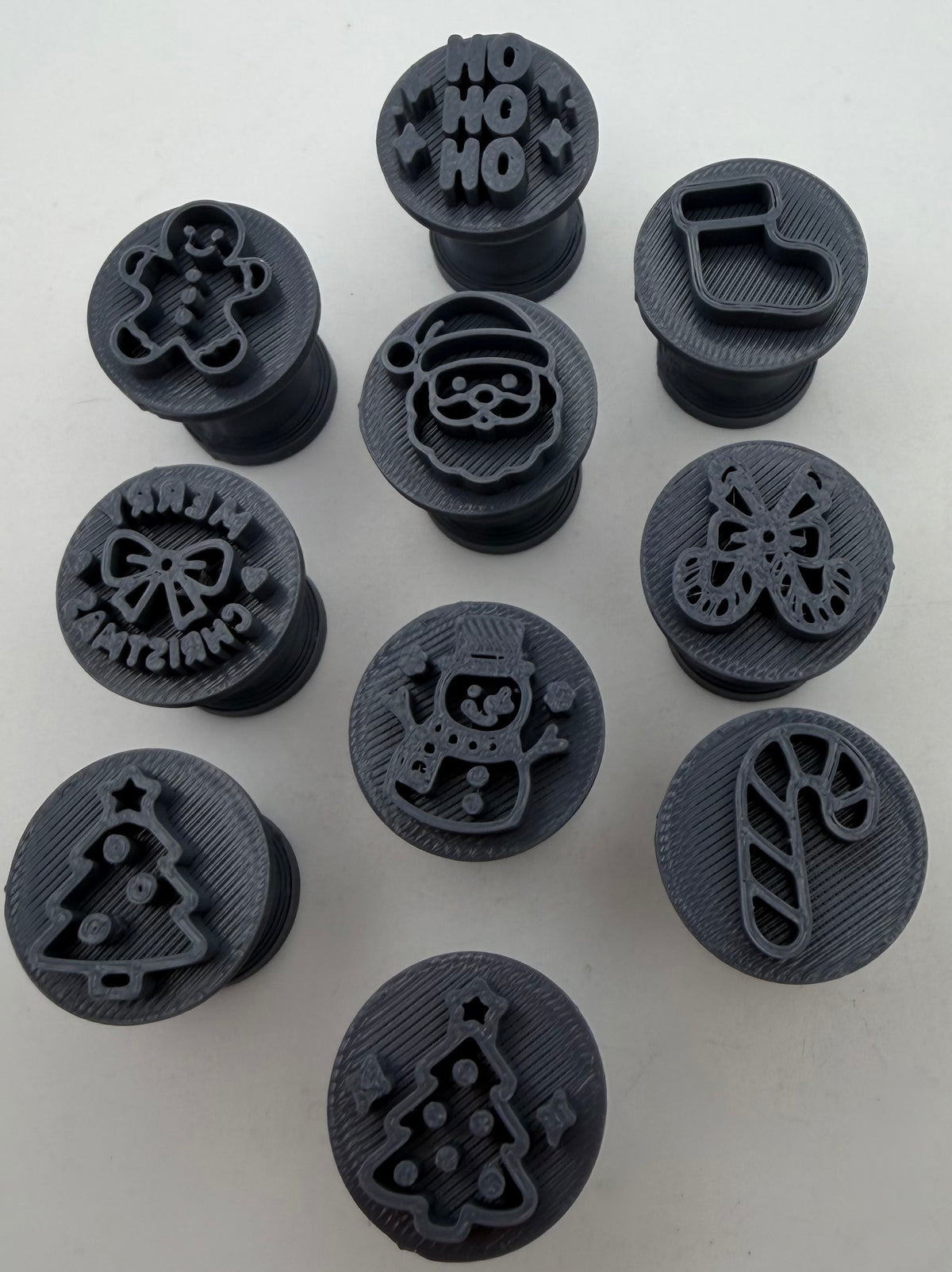 Overhead view of the 10 Christmas impression stamps