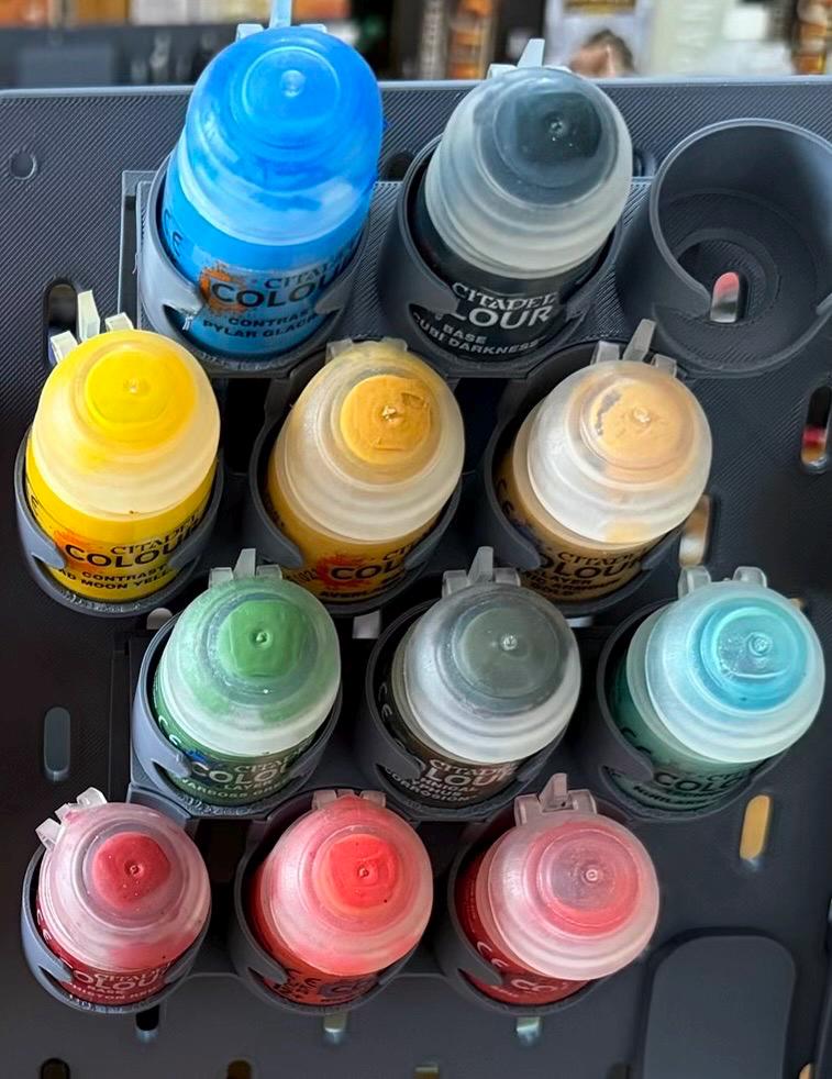 Grey staggered Citadel paint pot holders for IKEA SKÅDIS holding 18 paint pots