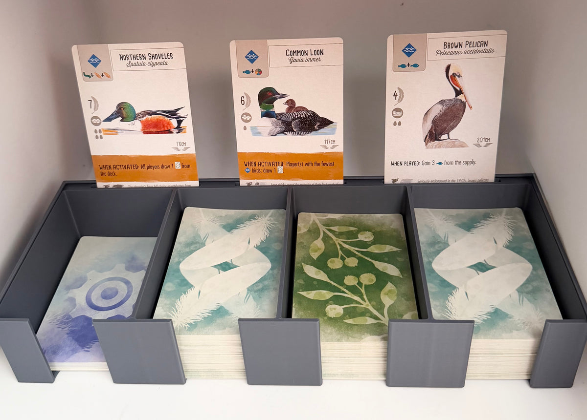 Complete three-piece organiser bundle compatible with Wingspan: central card bank, rotating egg and token organiser and birdhouse-style dice tower with tray, 3D printed in PLA+