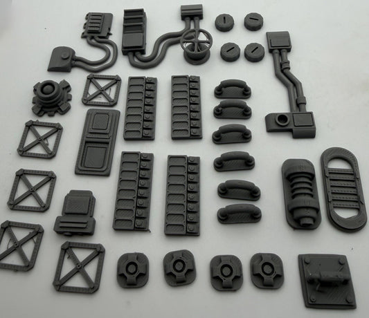 33 piece industrial greebles set 3 laid out: panels, pipes, vents and hatches
