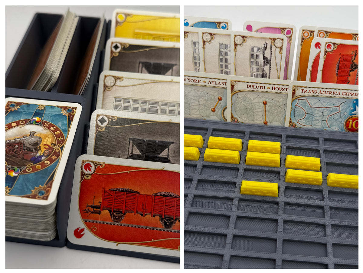 Grey card organiser with grey individual-slot player tray