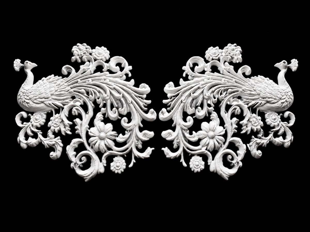 Pair Peacock Furniture Appliques Decorative Friezes Floral Scrollwork Style 9