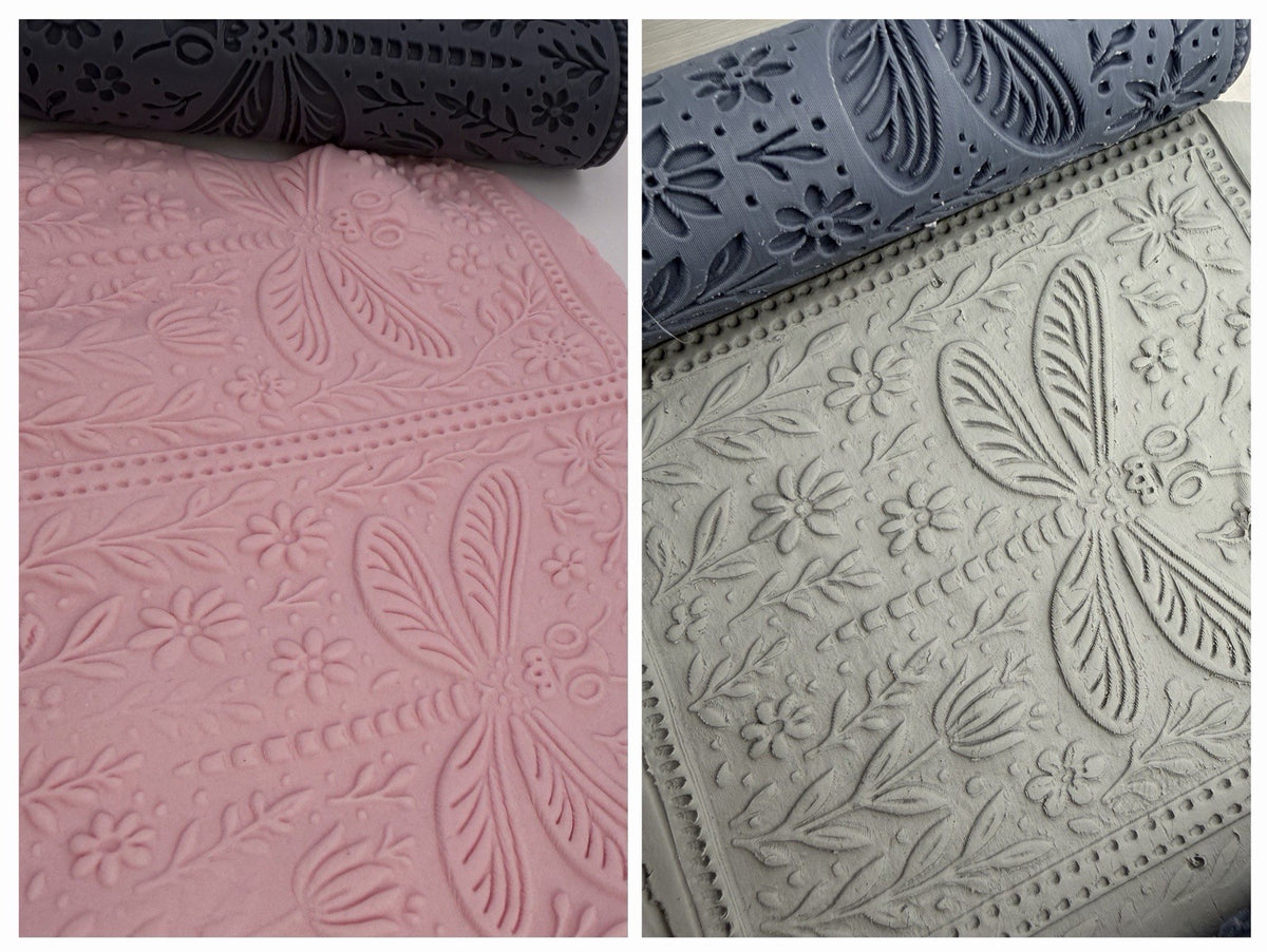 Dragonfly Floral Emboss & Deboss Texture Roller Pair No. 4