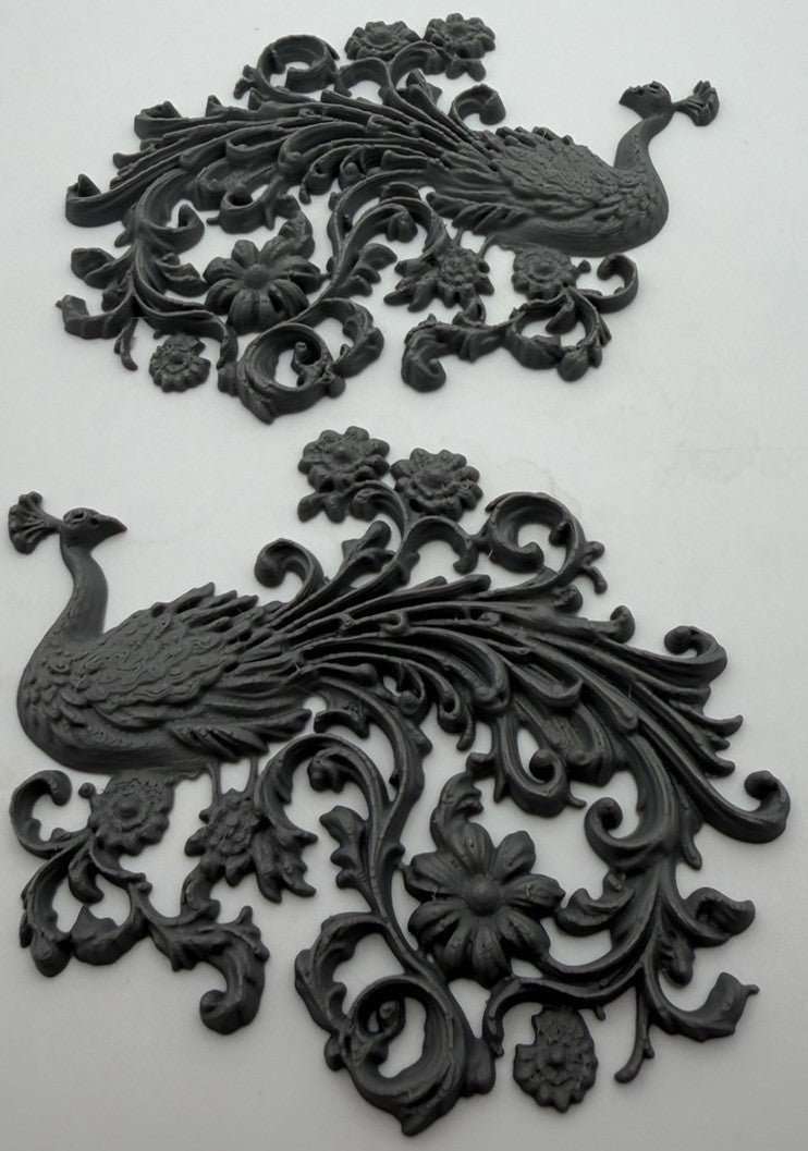 Pair Peacock Furniture Appliques Decorative Friezes Floral Scrollwork Style 9