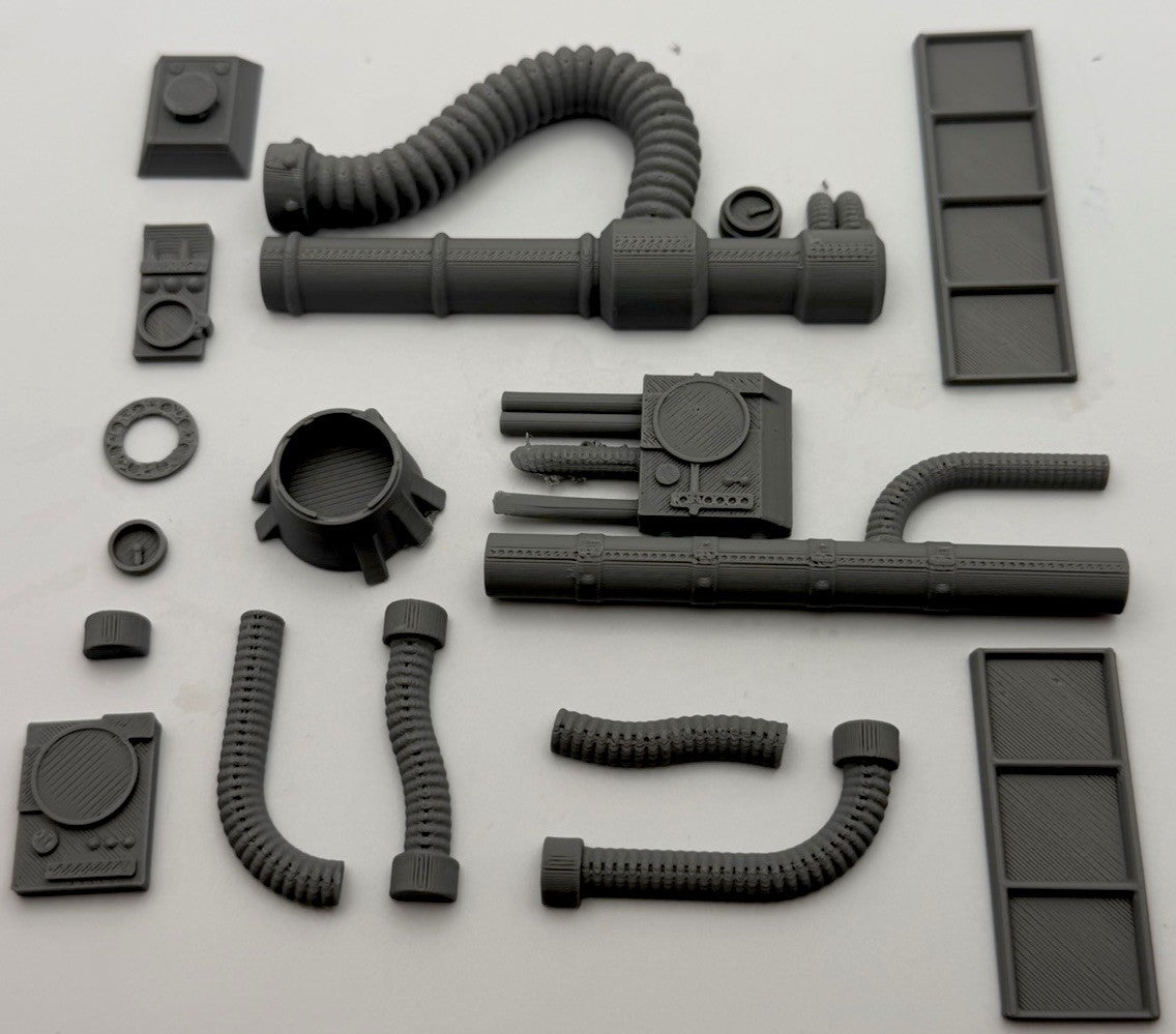 19 piece sci-fi greebles set 4 with conduits, hoses and panels laid out