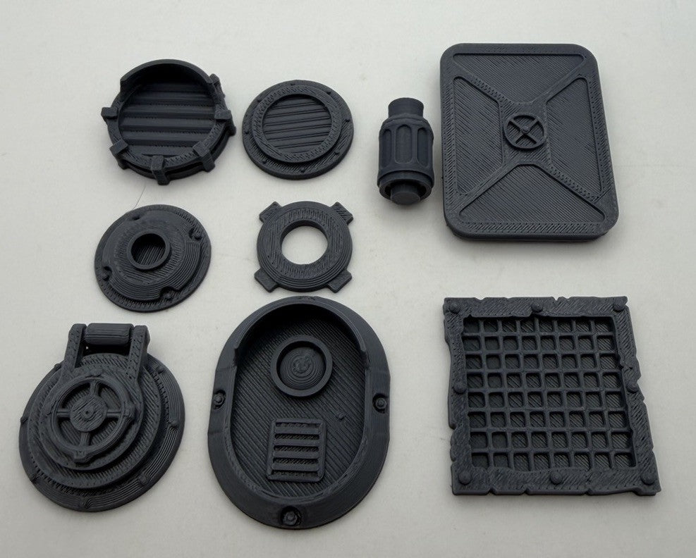 Scrap industrial greebles set 13: hatches, grilles and access covers laid out