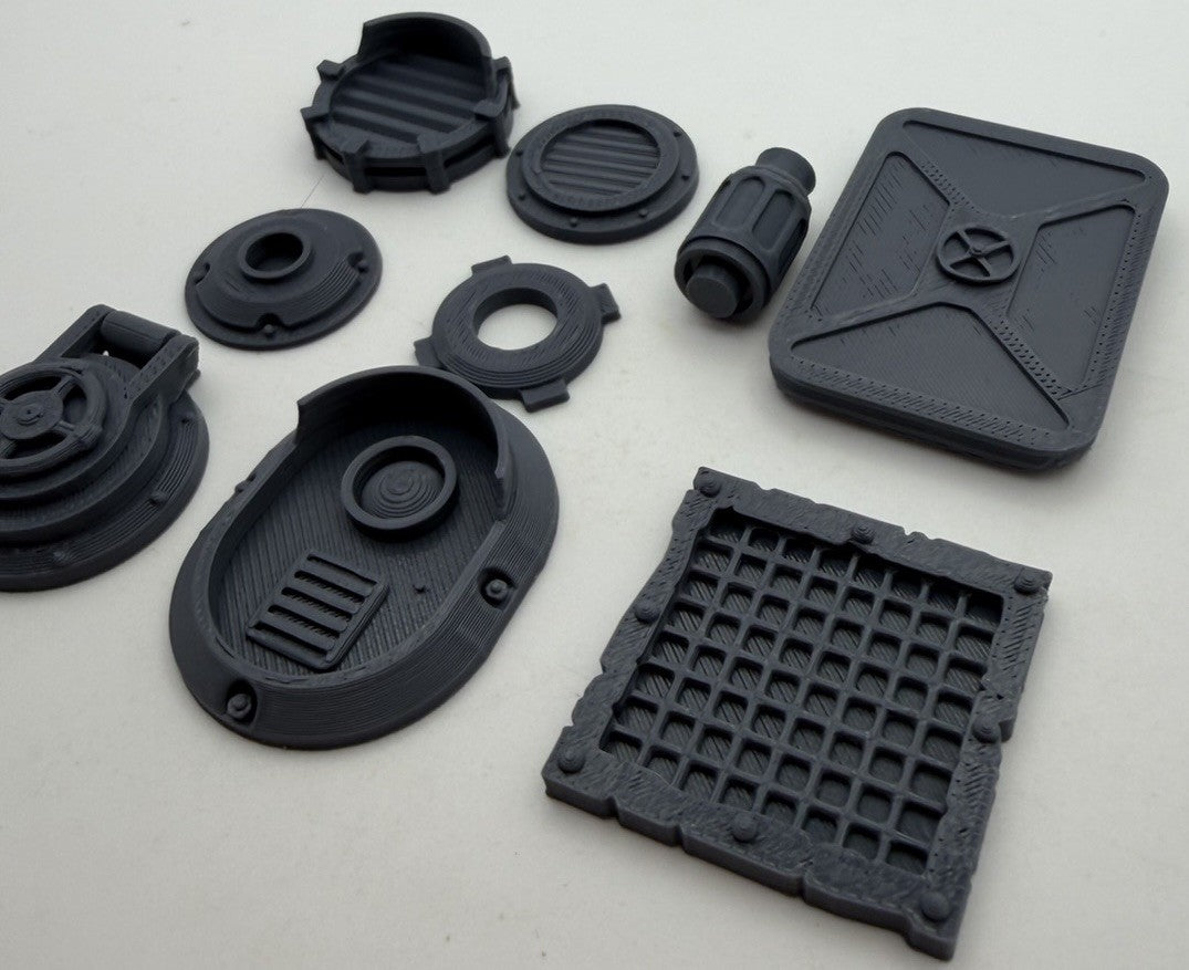Scrap industrial greebles from an angle showing depth of detail