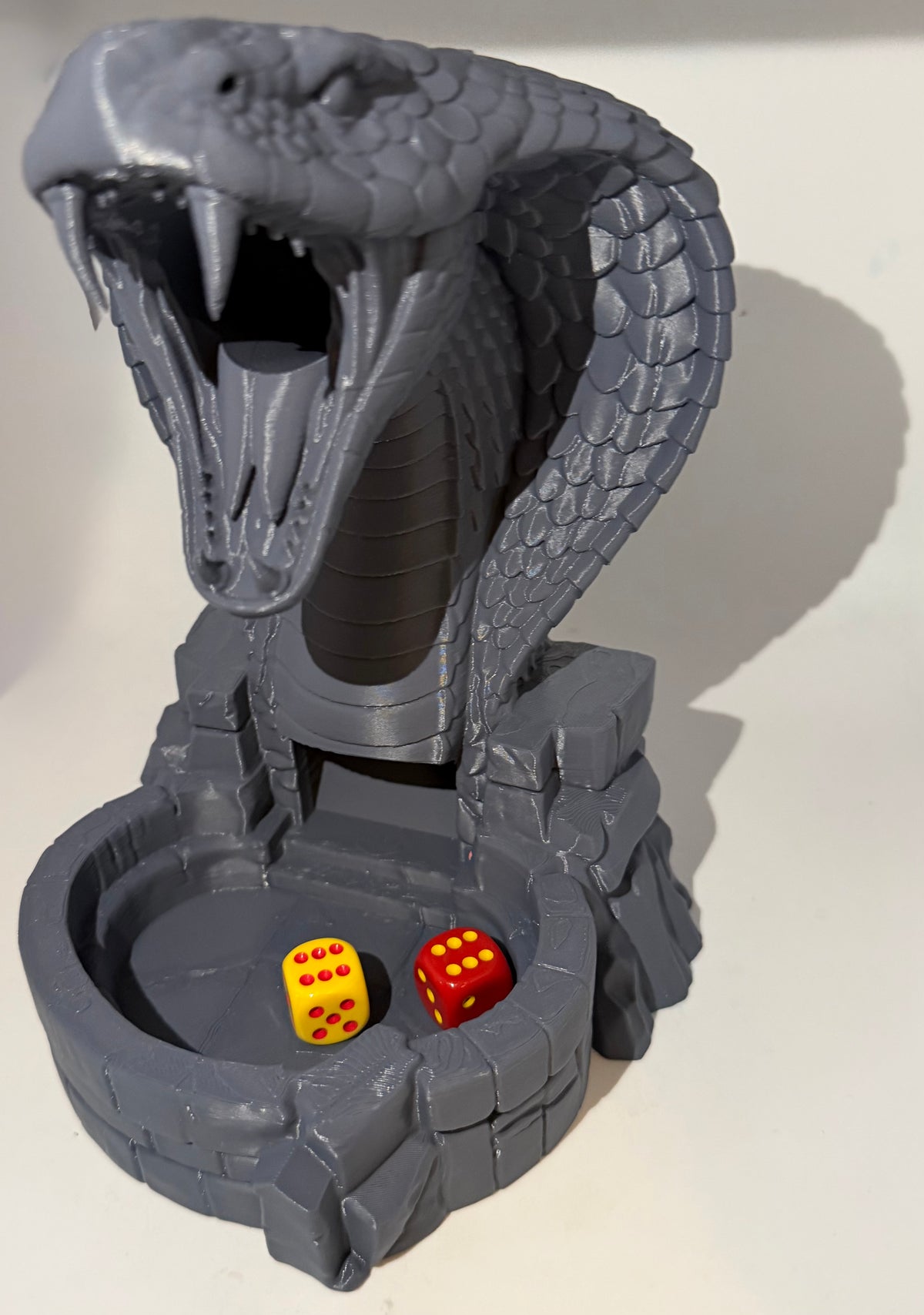Serpent's Gate cobra dice tower with integrated stone-style dice tray, 3D printed in PLA+