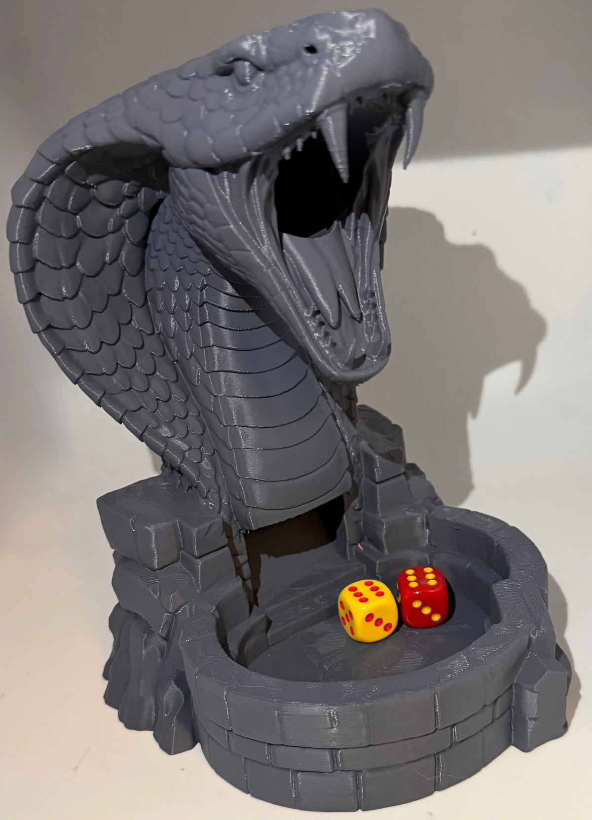 Serpent's Gate cobra dice tower with integrated stone-style dice tray, 3D printed in PLA+