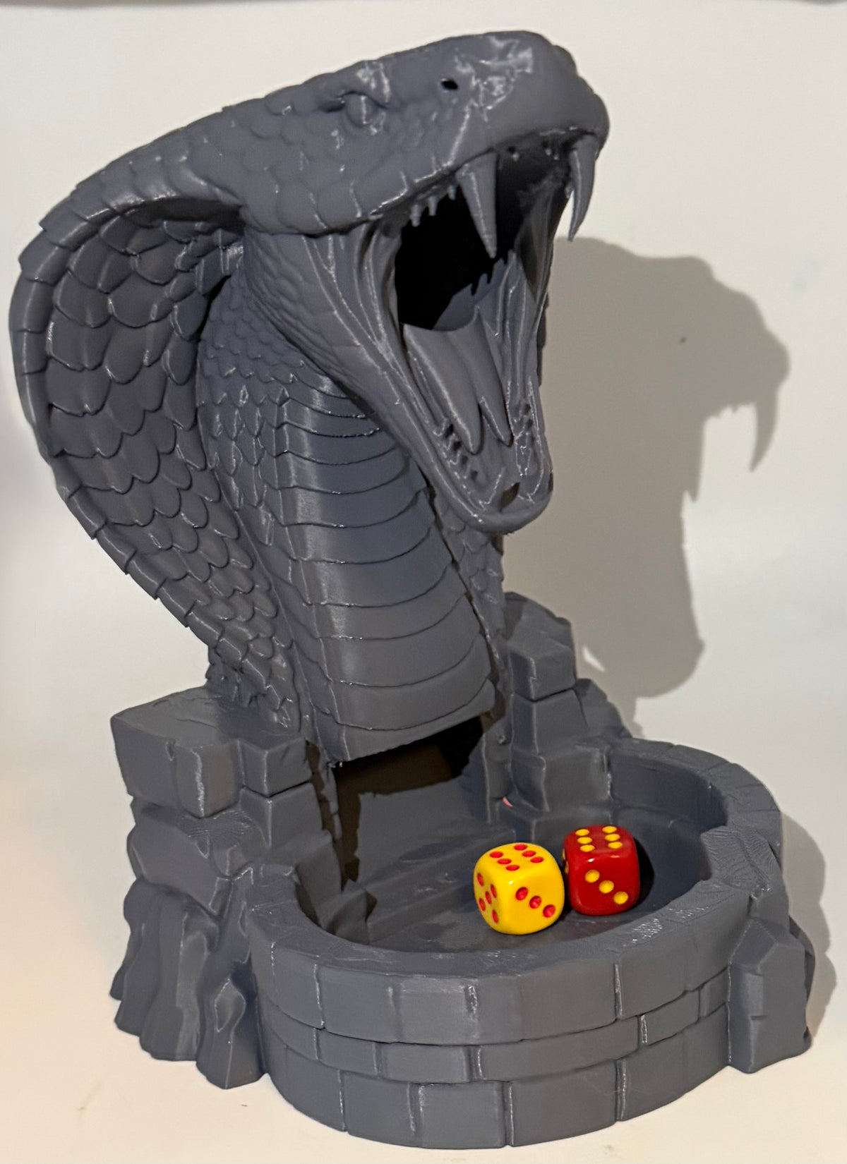 Serpent's Gate cobra dice tower with integrated stone-style dice tray, 3D printed in PLA+