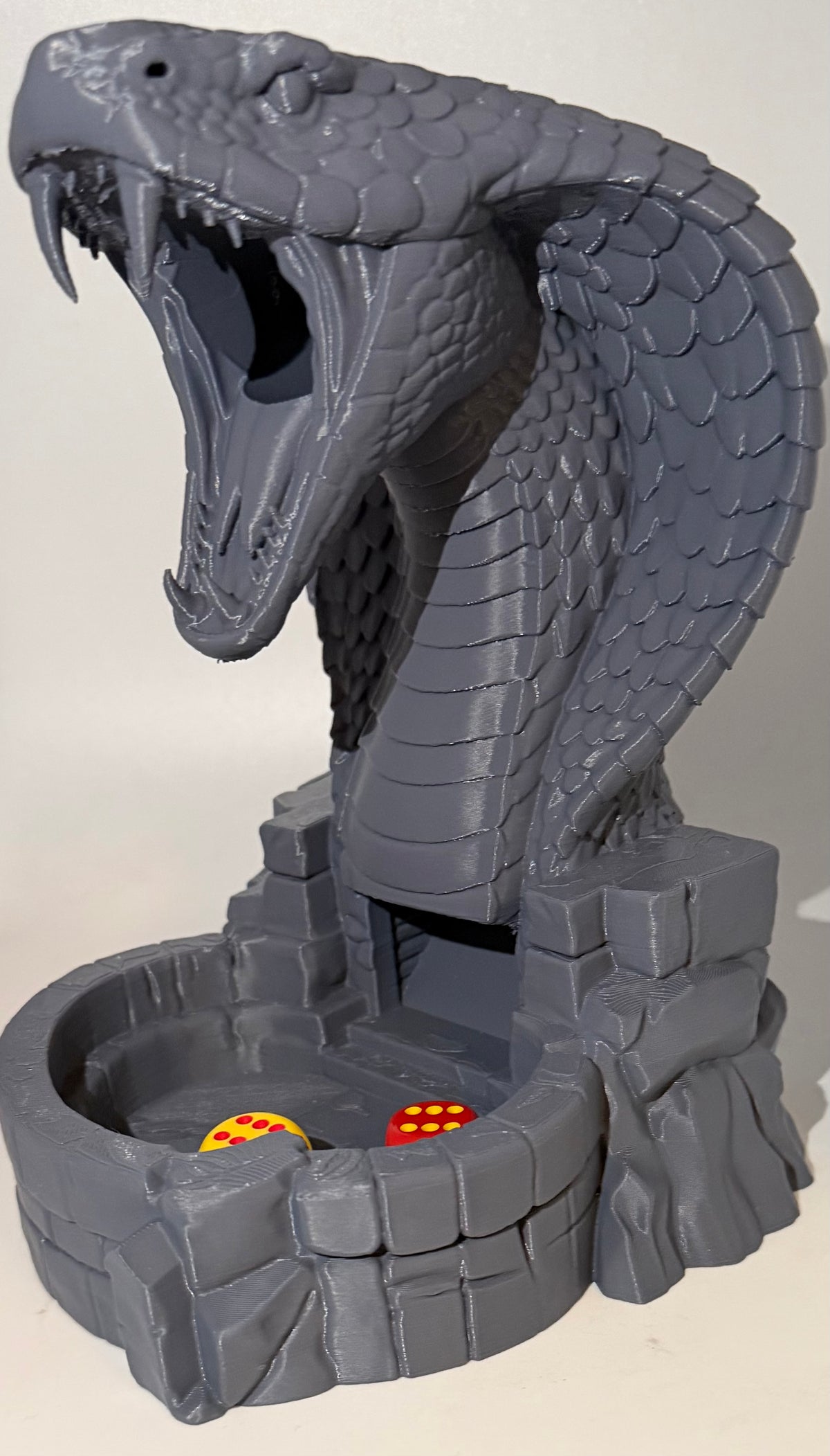 Serpent's Gate cobra dice tower with integrated stone-style dice tray, 3D printed in PLA+