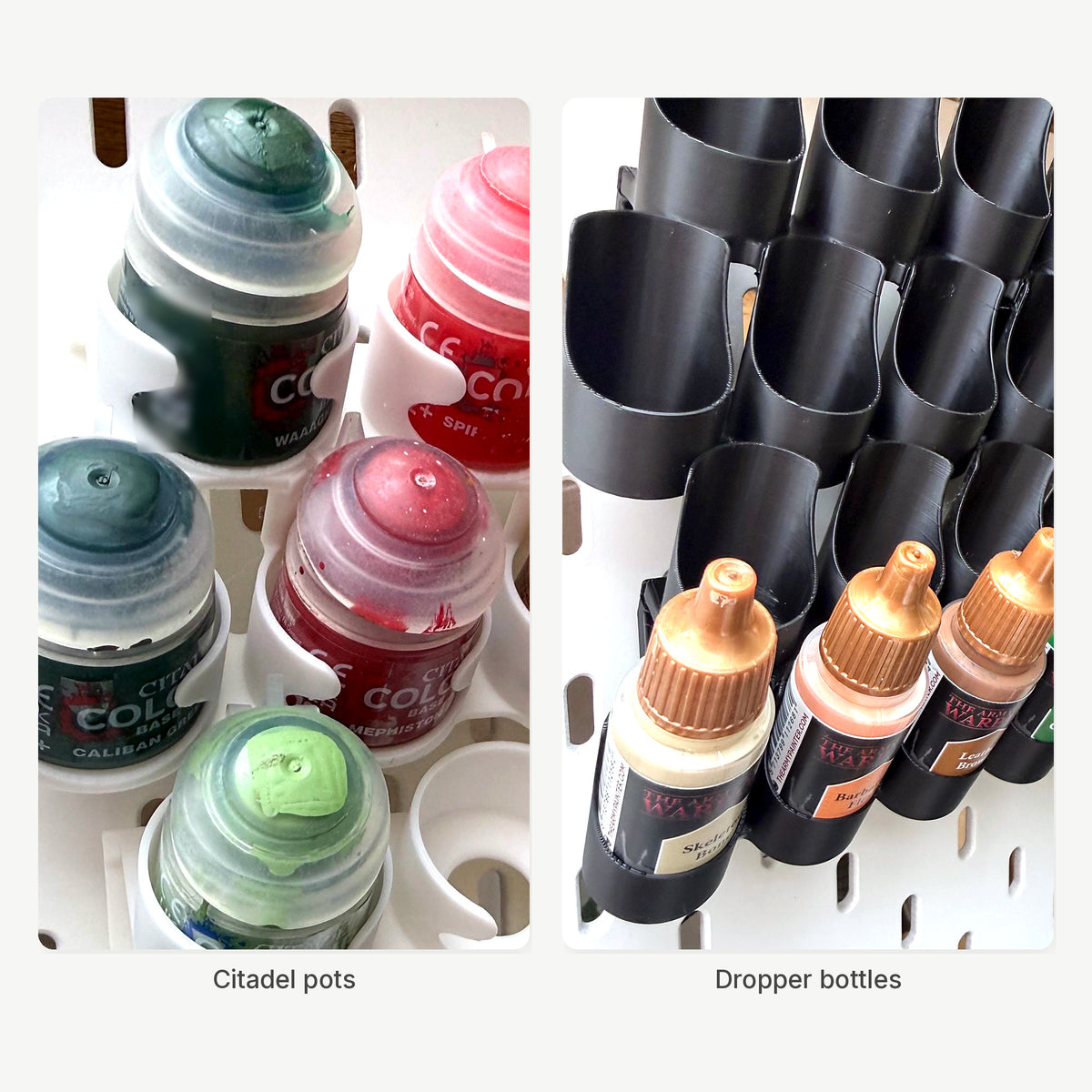 Staggered pot holders and dropper bottle holders for SKÅDIS pegboard - the holder types included in this bundle