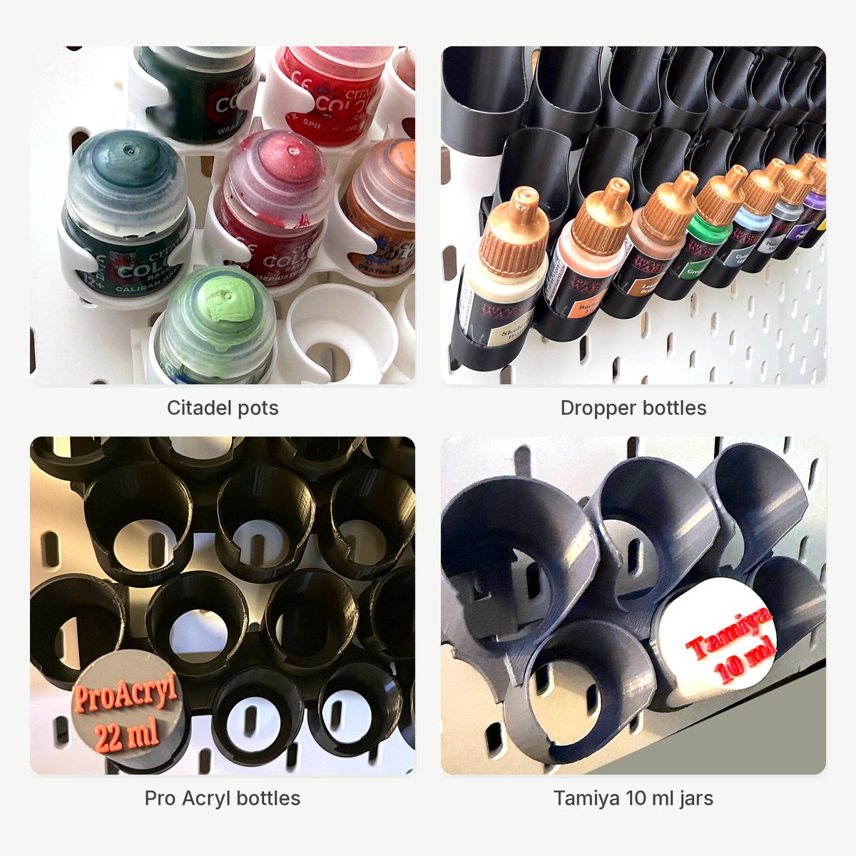 Staggered pot, dropper bottle, wide bottle and angled jar holders for SKÅDIS pegboard - the holder types included in this bundle
