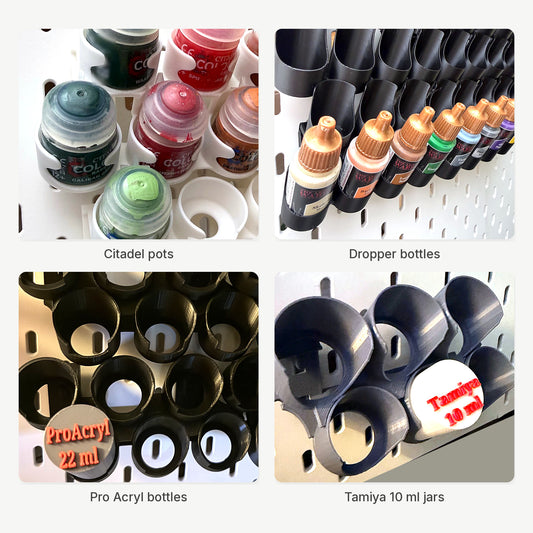 Staggered pot, dropper bottle, wide bottle and angled jar holders for SKÅDIS pegboard - the holder types included in this bundle