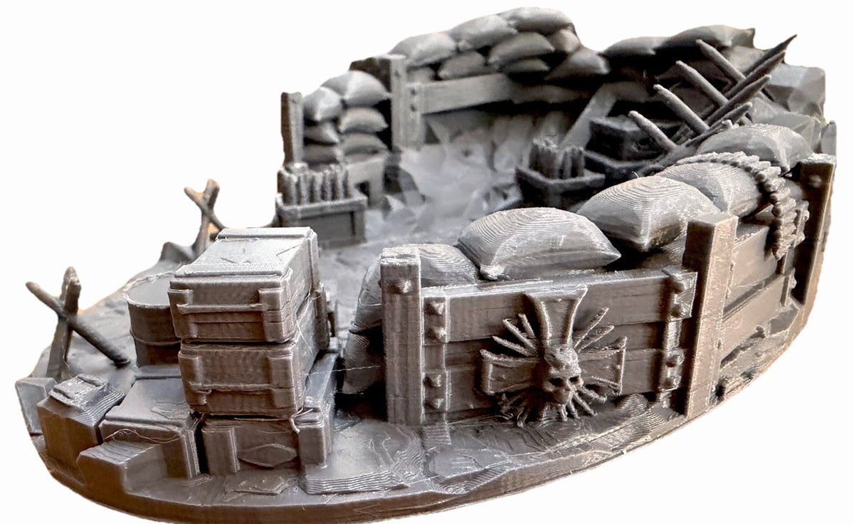 Trench warfare display base side view with sandbags and timber revetments