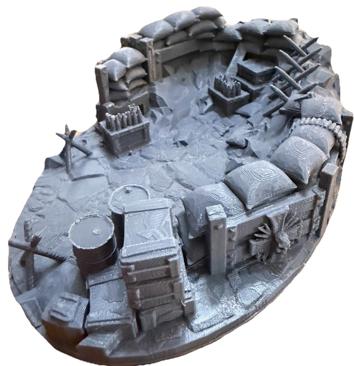 Trench warfare base angled view with ammunition crates