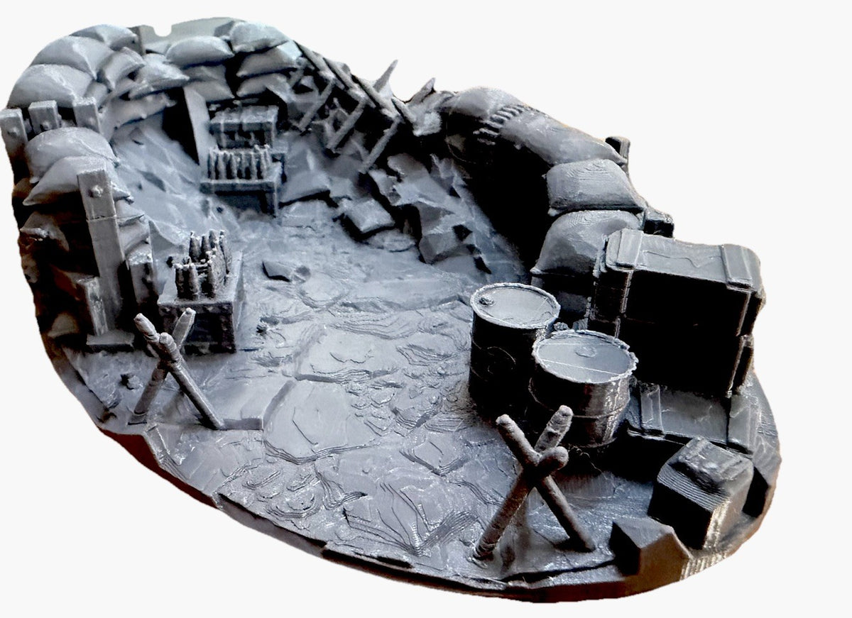 Trench warfare base with barbed wire posts and barrels