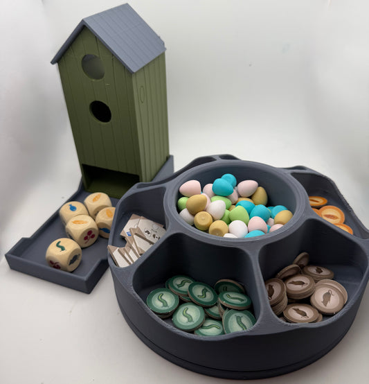 Bundle of two Wingspan-compatible accessories: birdhouse dice tower and 360° rotating egg and token organiser, 3D printed in PLA+