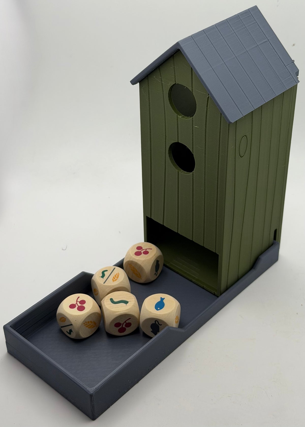 Bundle of two Wingspan-compatible accessories: birdhouse dice tower and 360° rotating egg and token organiser, 3D printed in PLA+
